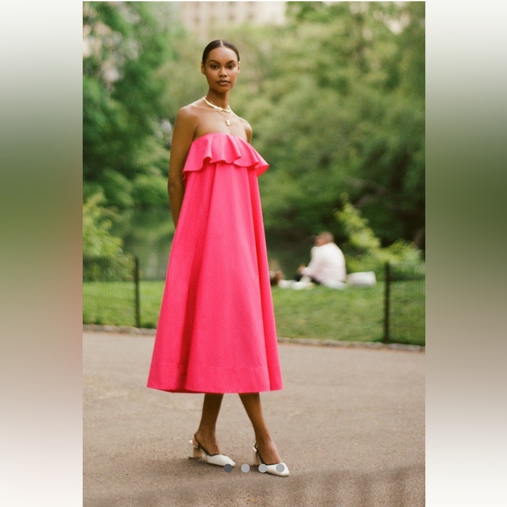 Anthropologie Strapless Ruffle-Trim Midi Dress in Hot Pink